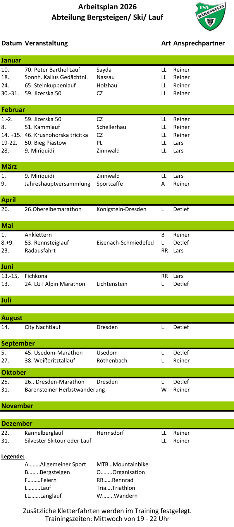 Arbeitsplan Bergsteigen/Ski/Lauf 2026
