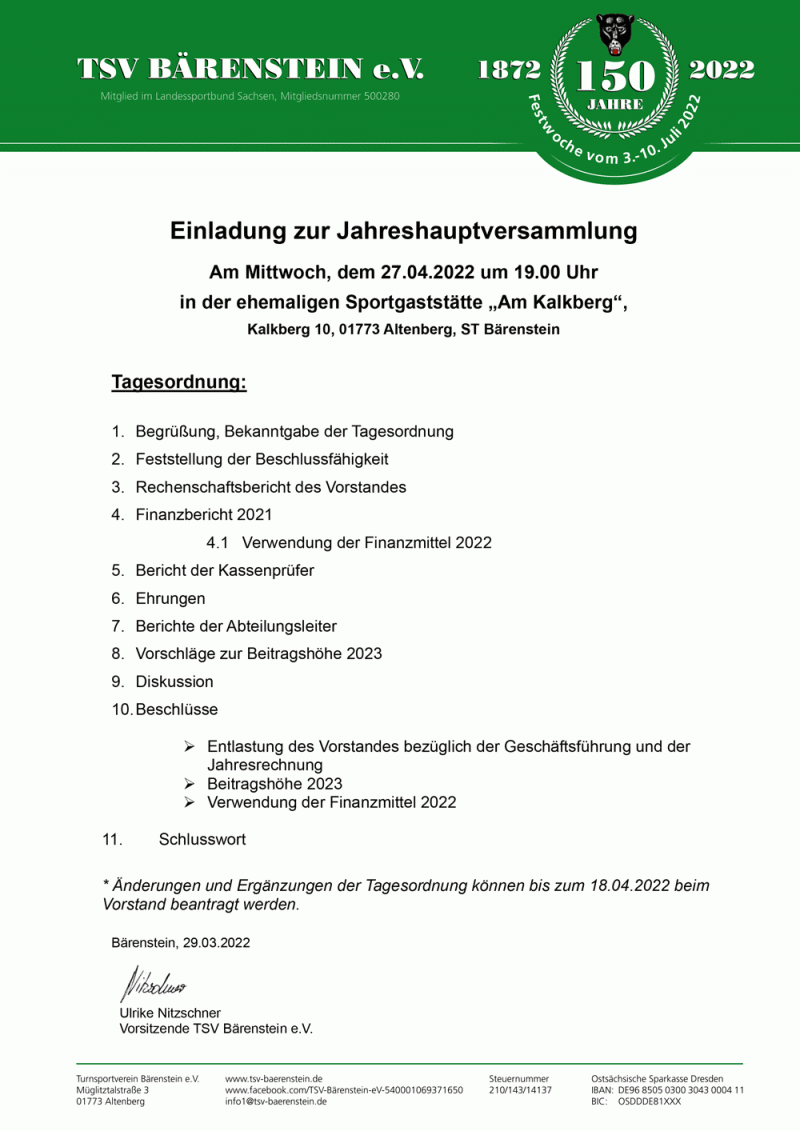Einladung zur Jahreshauptversammlung 2022